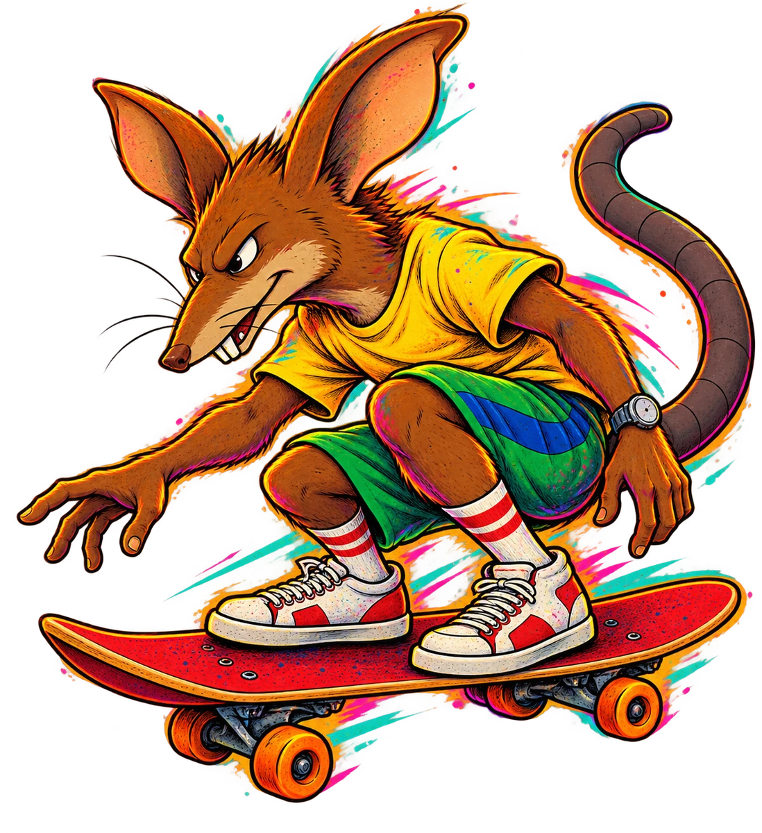 High Tail It in a low crouch on a red skateboard with orange wheels, his long ringed tail arcing behind him