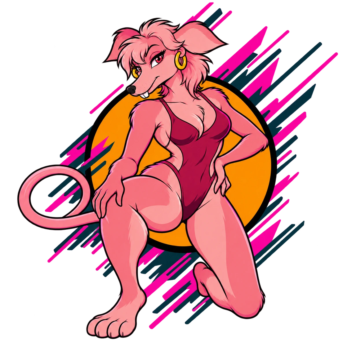 Lil Bo Squeek half-kneeling in her burgundy outfit against an orange circle and diagonal magenta-and-teal accents