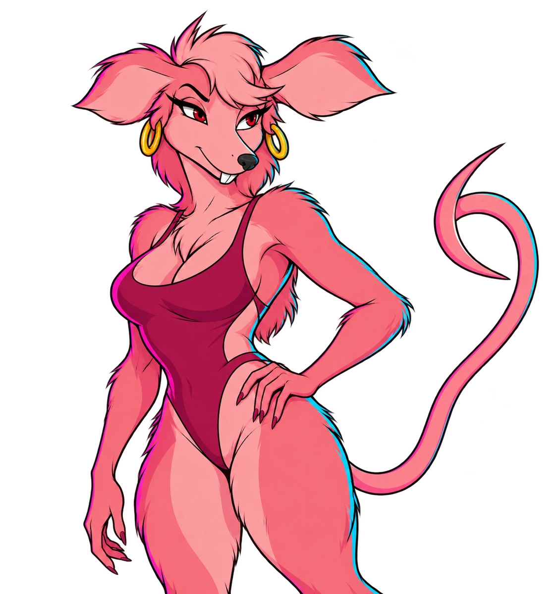 Lil Bo Squeek posing with one hand on her hip, gold hoop earrings and a single curled pink tail