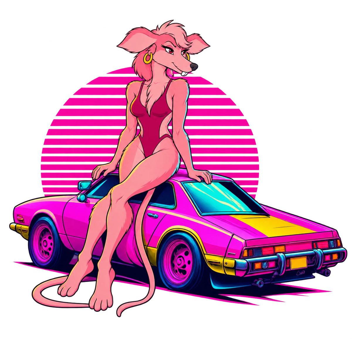 Lil Bo Squeek perched on a pink-and-yellow sports coupe in her burgundy one-piece, with a striped sunset behind her