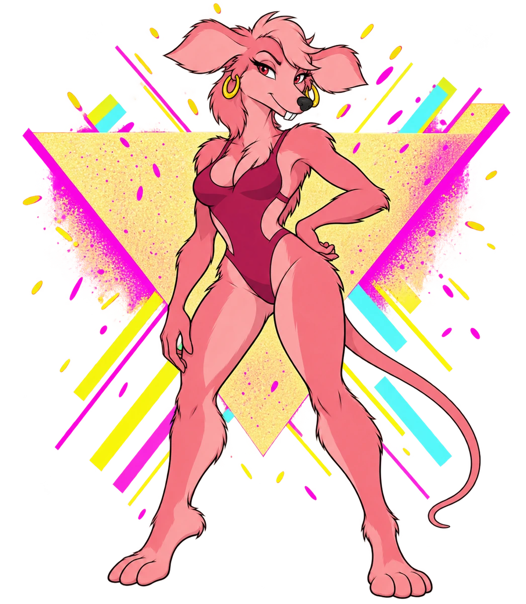 Lil Bo Squeek in a confident wide stance before a pale-yellow triangle and colorful retro ink accents