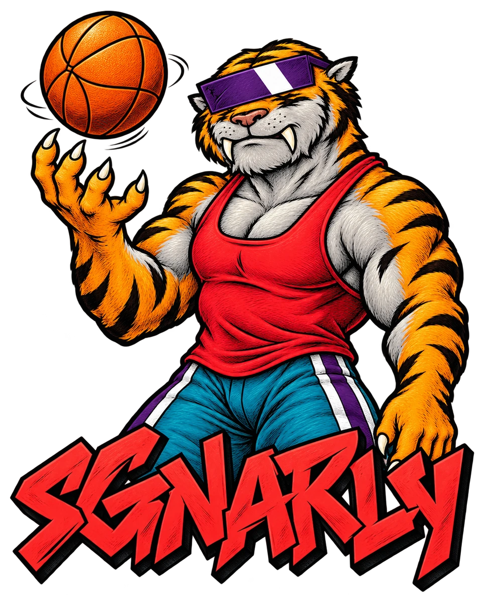 Detailed etched-ink Sgnarly basketball tattoo with opaque purple visor, red tank, teal shorts and red SGNARLY lettering