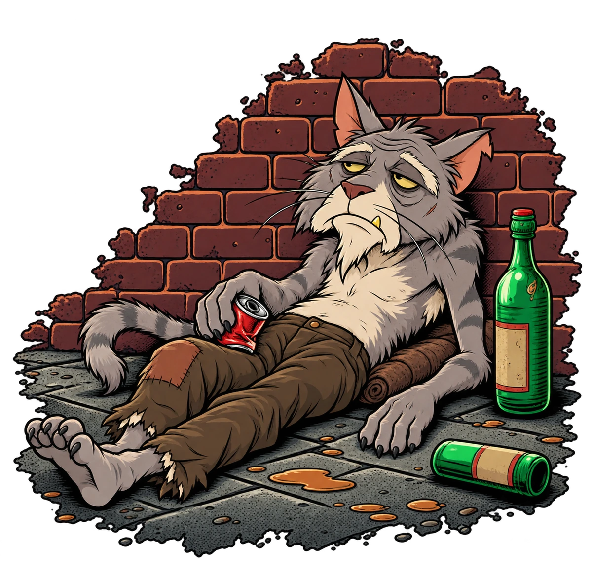 Sour Puss reclining on the pavement with a red can, two green bottles and a brick wall behind him