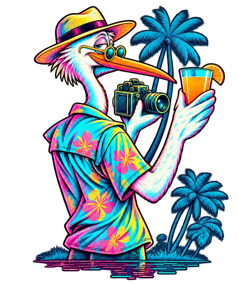 Stork in a colorful tropical shirt, holding a camera pointing away from him and one orange drink beside teal palm trees